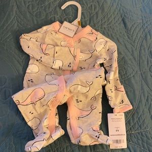 Cute pink & grey whale sleeper with snaps.